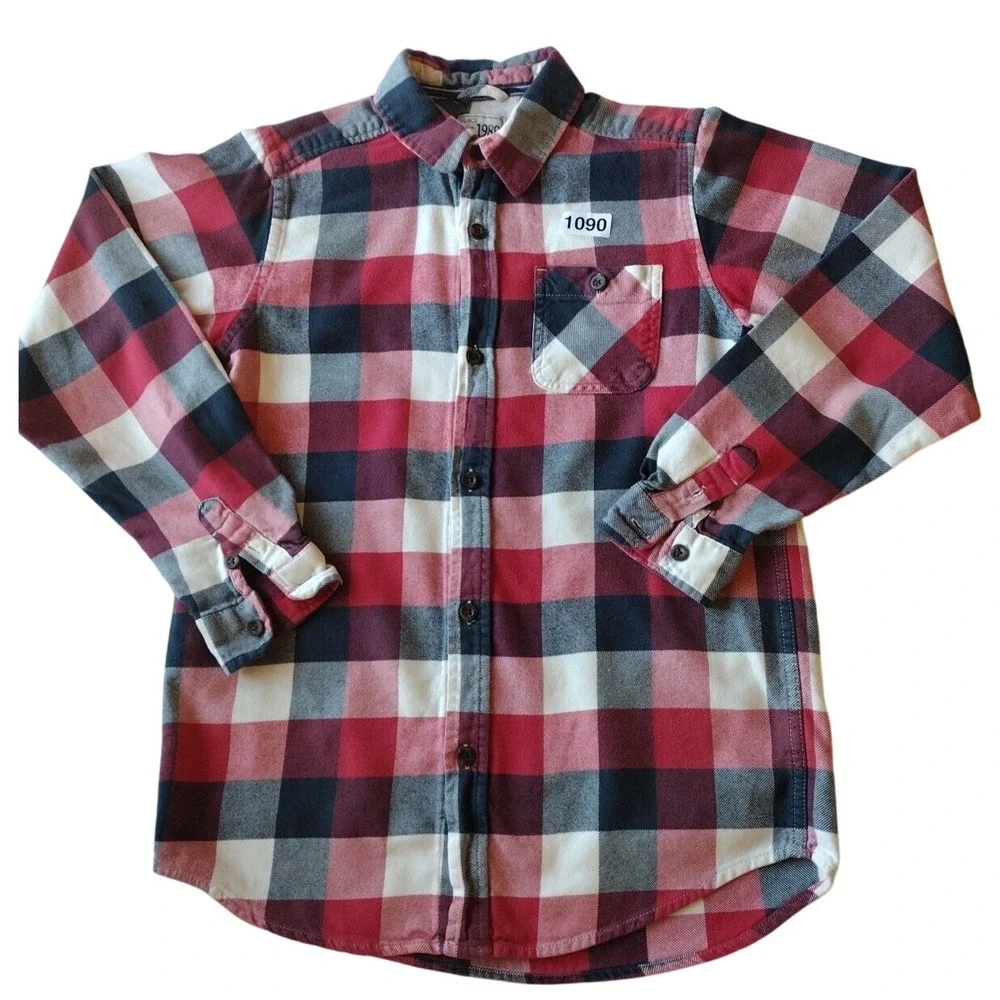 The Childrens Place Button‎ Up Shirt Boys XL 14 Red White Black Plaid Flannel